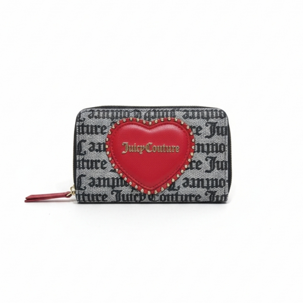 Juicy Couture Black & Grey Logo Wallet Red Studded Heart Zip Around